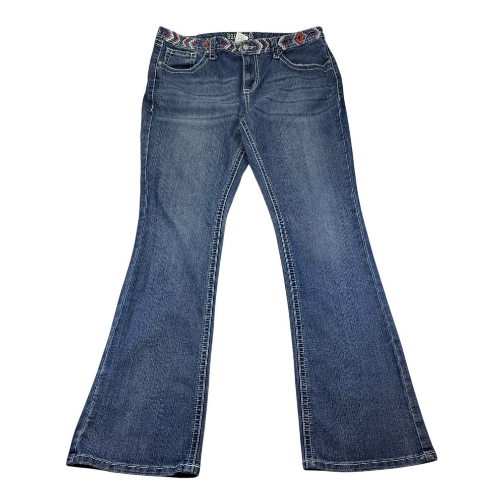 Rockin C Women Denim Blue Jeans South West Patterned Embroidered Waistband 32x31